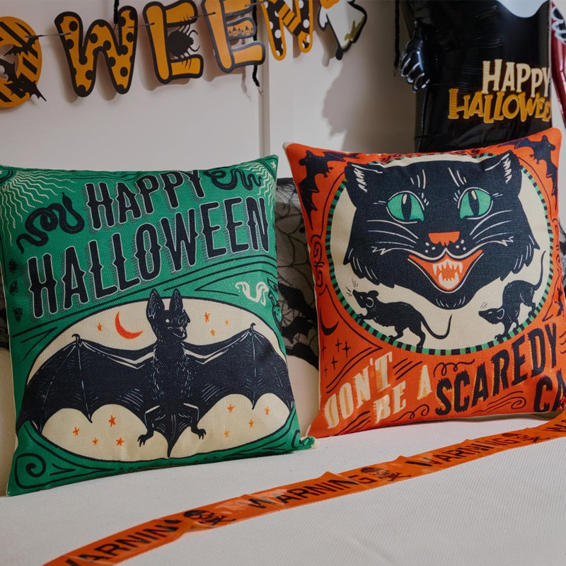 Hongsome Vintage Halloween Decor-Throw Pillow Covers 18x18 in set of 4 Retro Linen Pillow Case with Scaredy Cats Pumpkins Skull Bats for Couch Fall Holiday Outdoor Burnt Orange Green Black Decorations - Image 5